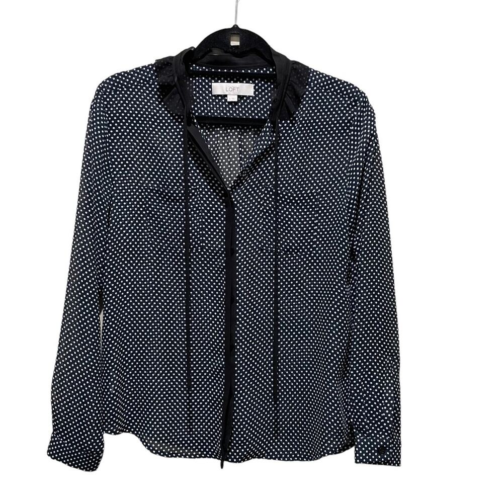 LOFT Tie Neck Blouse Navy Blue White Polka Dot Sheer Career Top Women Size Small